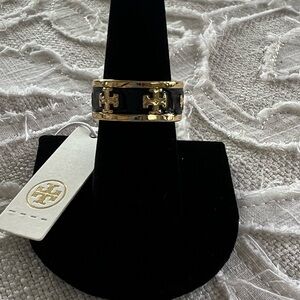 Tory Burch Gold and Black Logo Ring Size 8